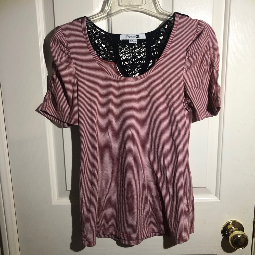 F21 red Stripe top with lace back Size M